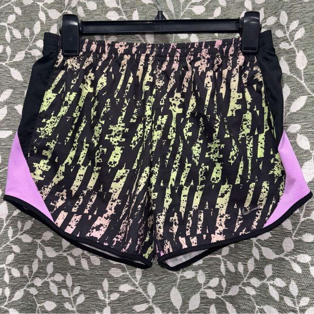 Nike Youth Athletic Shorts in Black and Lime with Purple Accents